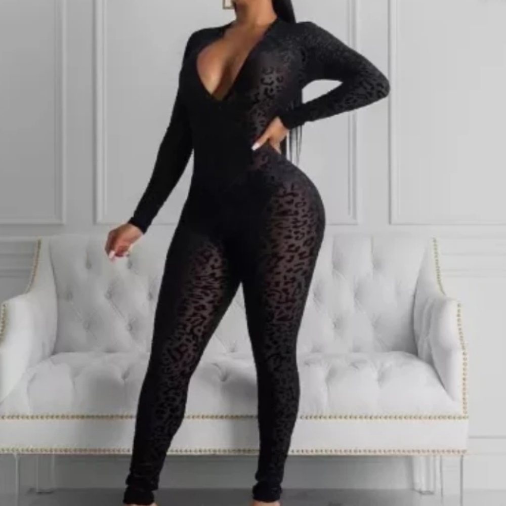 Sexy Mesh See Through Leopard Print Bodycon Jumpsuit